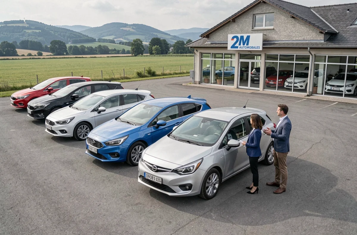 Lot de véhicules d'occasion exposés chez 2M Automobiles dans les Vosges avec une conseillère de vente et un client