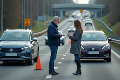 Deux conducteurs échangent leurs coordonnées après un accident mineur sur le périphérique de Toulouse, triangle de signalisation posé sur la chaussée