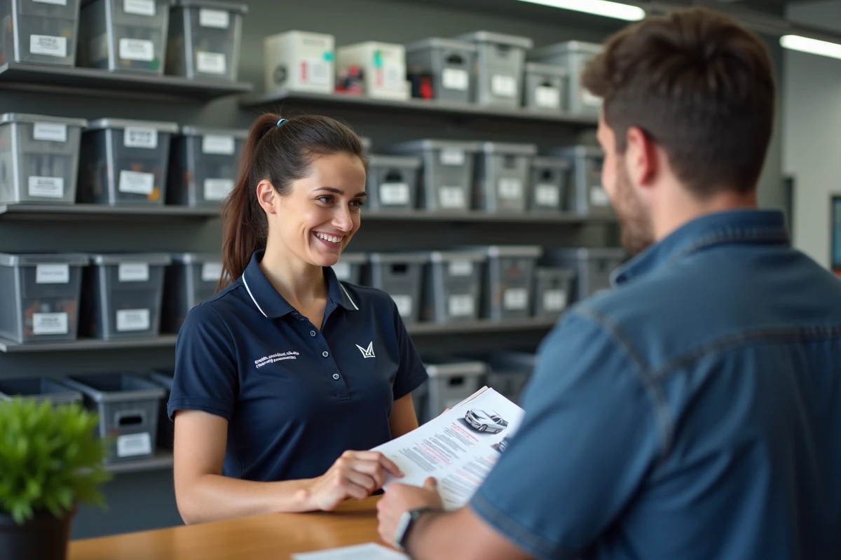 Conseillère de casse automobile agréée présentant un catalogue de pièces recyclées à un client dans l'Essonne