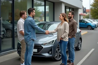 Groupe d'acheteurs réunis autour d'une voiture neuve lors d'un achat groupé chez un concessionnaire
