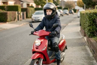 Adolescent de 14 ans équipé d'un casque intégral et d'une veste de protection sur une moto 50cc rouge dans une rue résidentielle