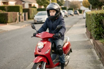 Adolescent de 14 ans équipé d'un casque intégral et d'une veste de protection sur une moto 50cc rouge dans une rue résidentielle