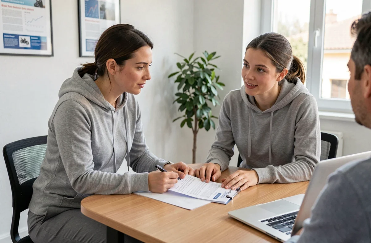 Femme en agence d'assurance moto à Montpellier discutant d'un contrat adapté à son budget