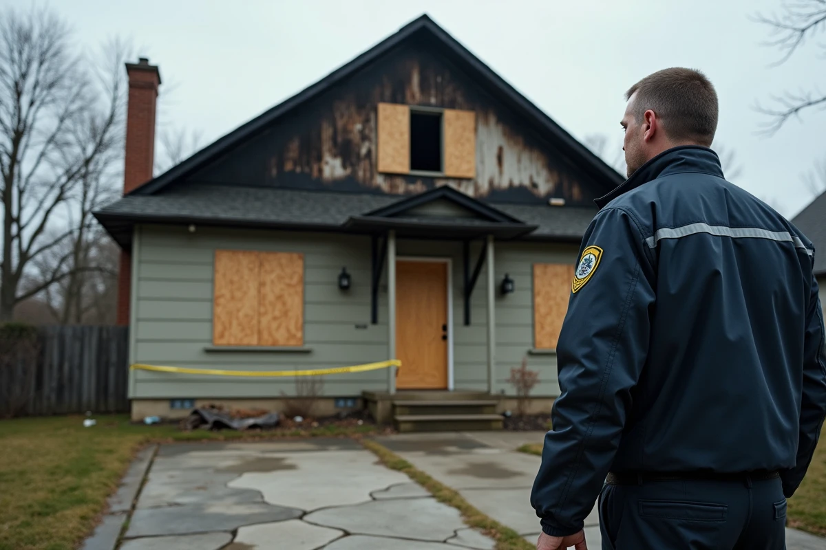 Agent de gardiennage devant une maison sinistrée après incendie avec ruban de sécurité et façade endommagée