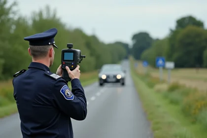 Agent de police rural utilisant radar sur route calme