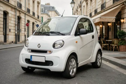 Aixam électrique blanche garée dans une rue urbaine française, vue de face en angle 3/4