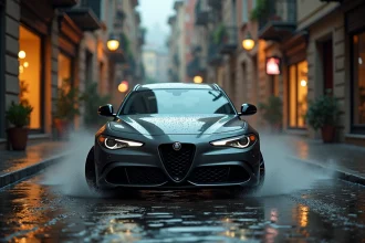 Alfa Romeo en pleine course-poursuite sur des pavés mouillés dans une ruelle urbaine européenne