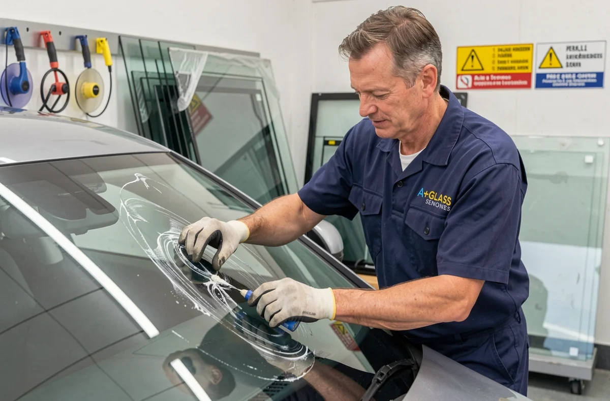 Technicien d'A+Glass Senones posant un pare-brise neuf sur un véhicule dans l'atelier de remplacement de vitres auto dans les Vosges