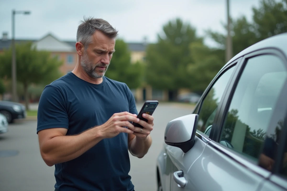Homme utilisant une application mobile de détection de trackers GPS à côté d'une voiture dans un parking