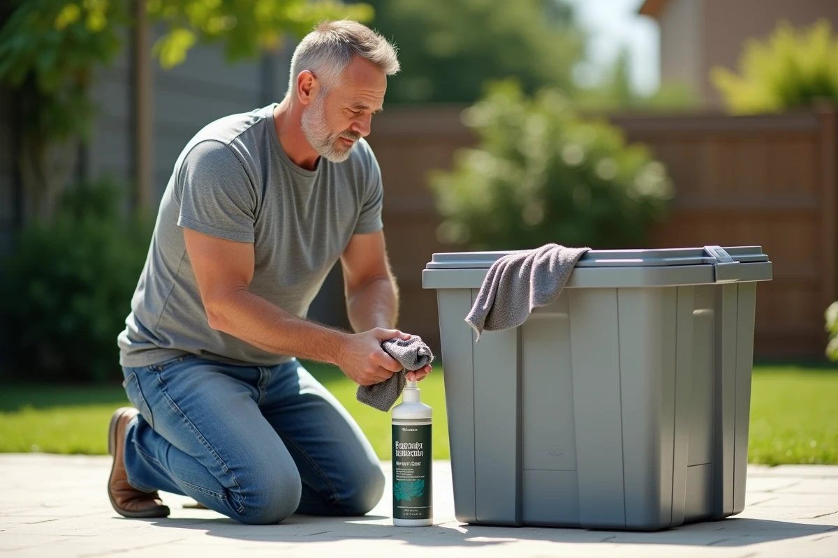 Homme appliquant un r&eacute;novateur plastique sur un coffre de jardin d&eacute;color&eacute; avec un chiffon microfibre