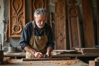 Artisan menuisier spécialisé en boiserie examinant un panneau sculpté dans un atelier traditionnel français