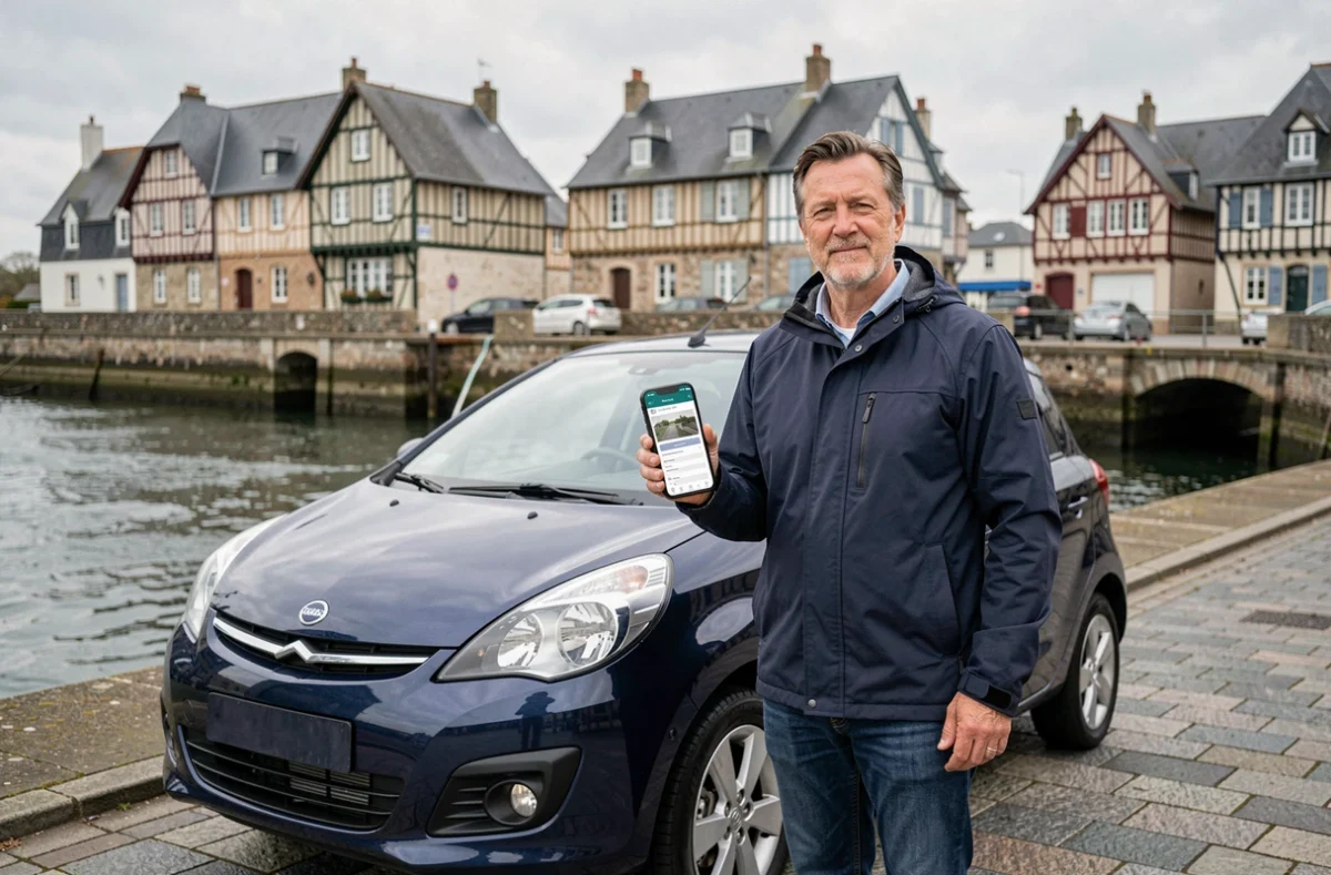 Homme consultant son téléphone pour une assurance auto près du port de Lannion