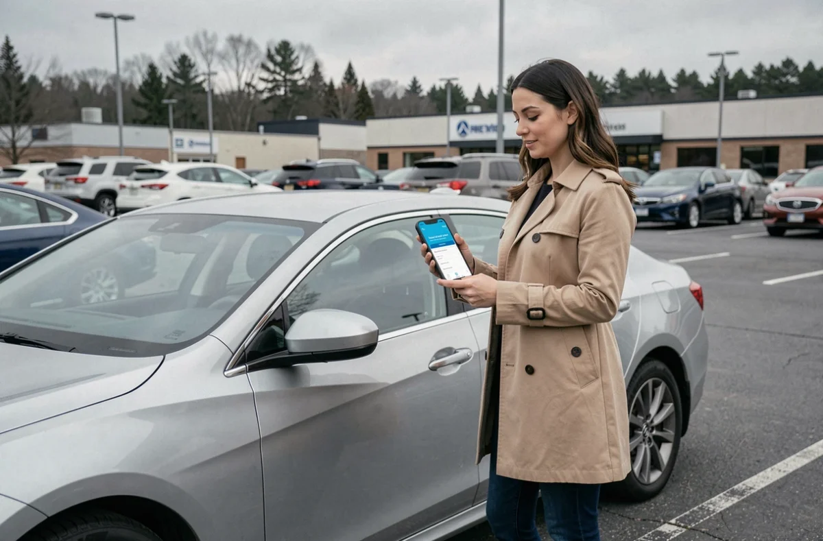 Femme souscrivant une assurance auto en ligne sur smartphone le jour de l'achat de sa voiture