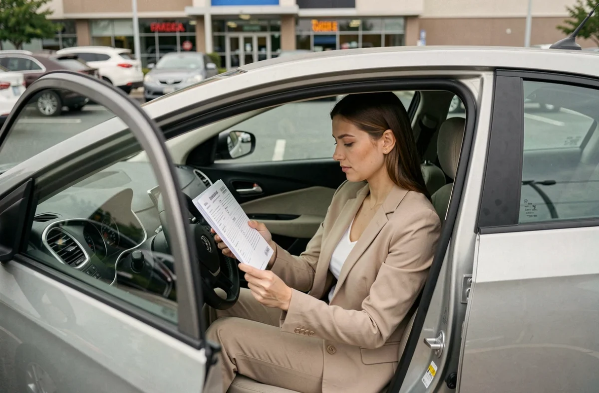 Femme consultant les documents d'assurance d'une voiture de location mensuelle dans un parking de grande surface
