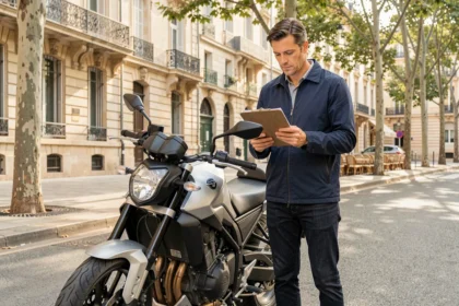 Motard consultant des documents d'assurance moto devant une rue typique de Montpellier