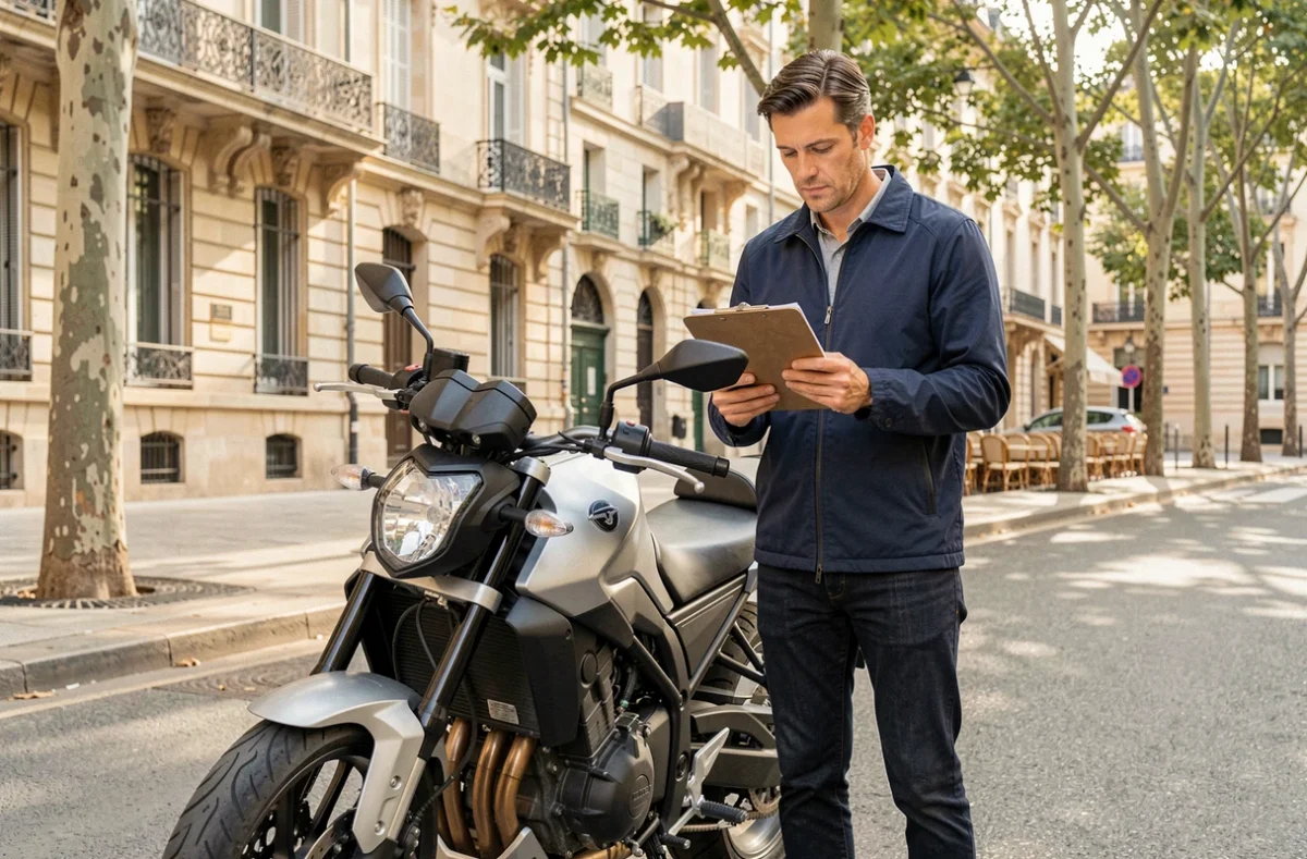 Motard consultant des documents d'assurance moto devant une rue typique de Montpellier
