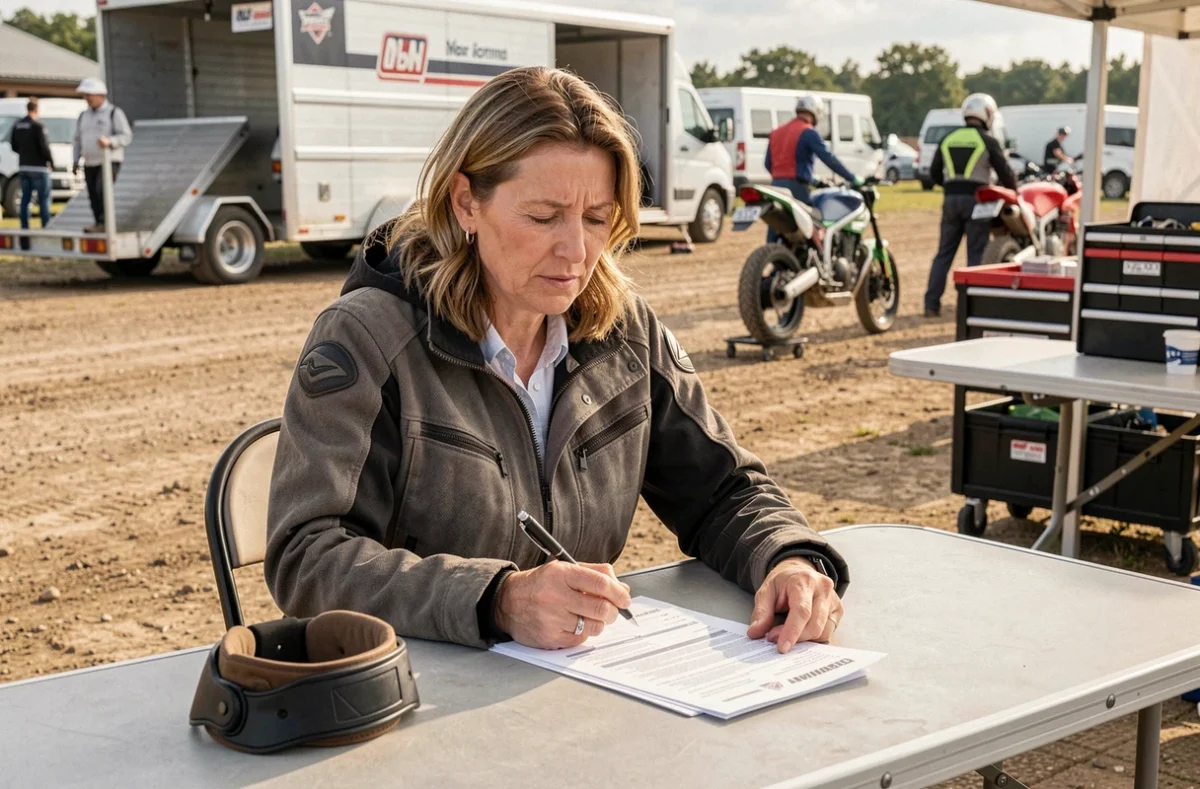 Motarde dans le paddock d'un circuit consultant des documents d'assurance moto piste lors d'une journée trackday