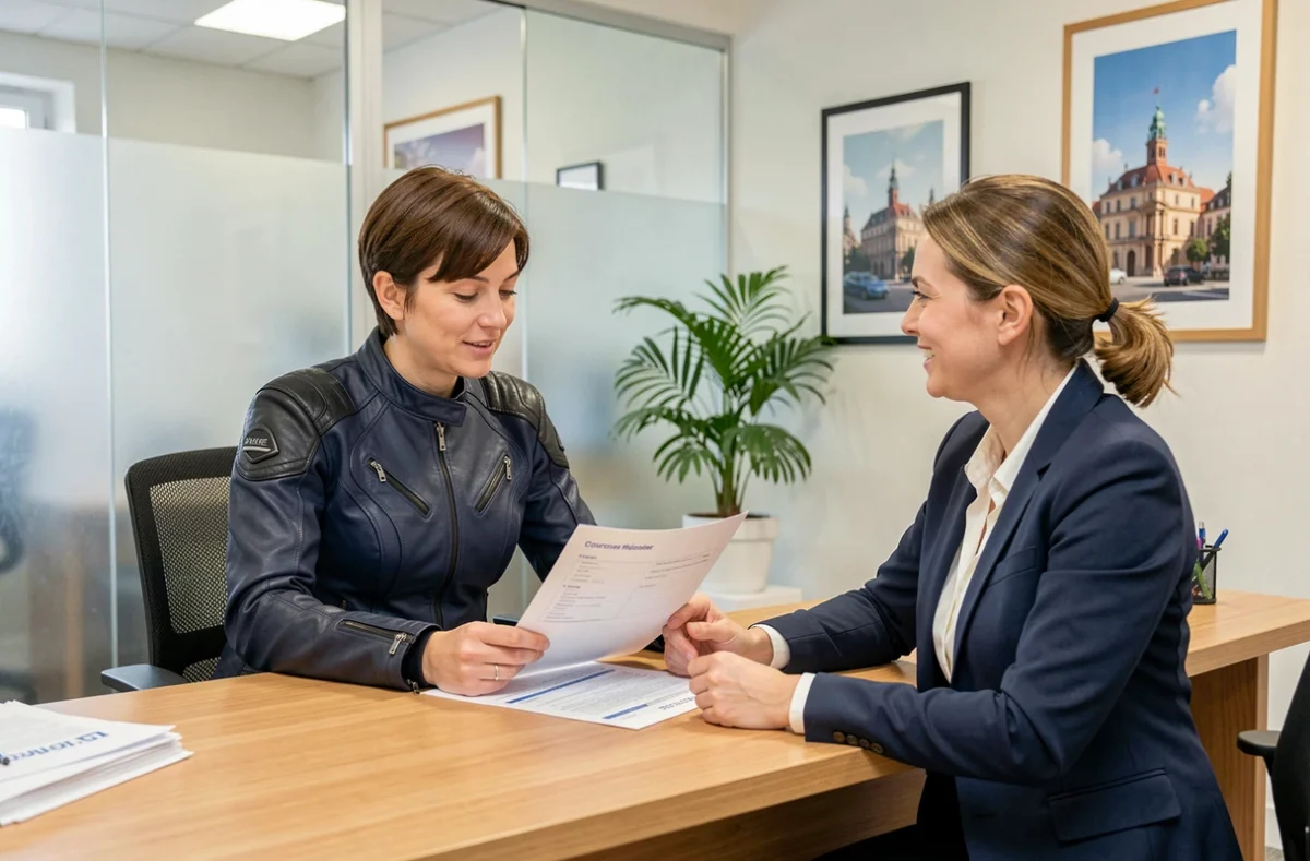 Femme motarde en rendez-vous avec une conseillère dans une agence d'assurance moto à Tours