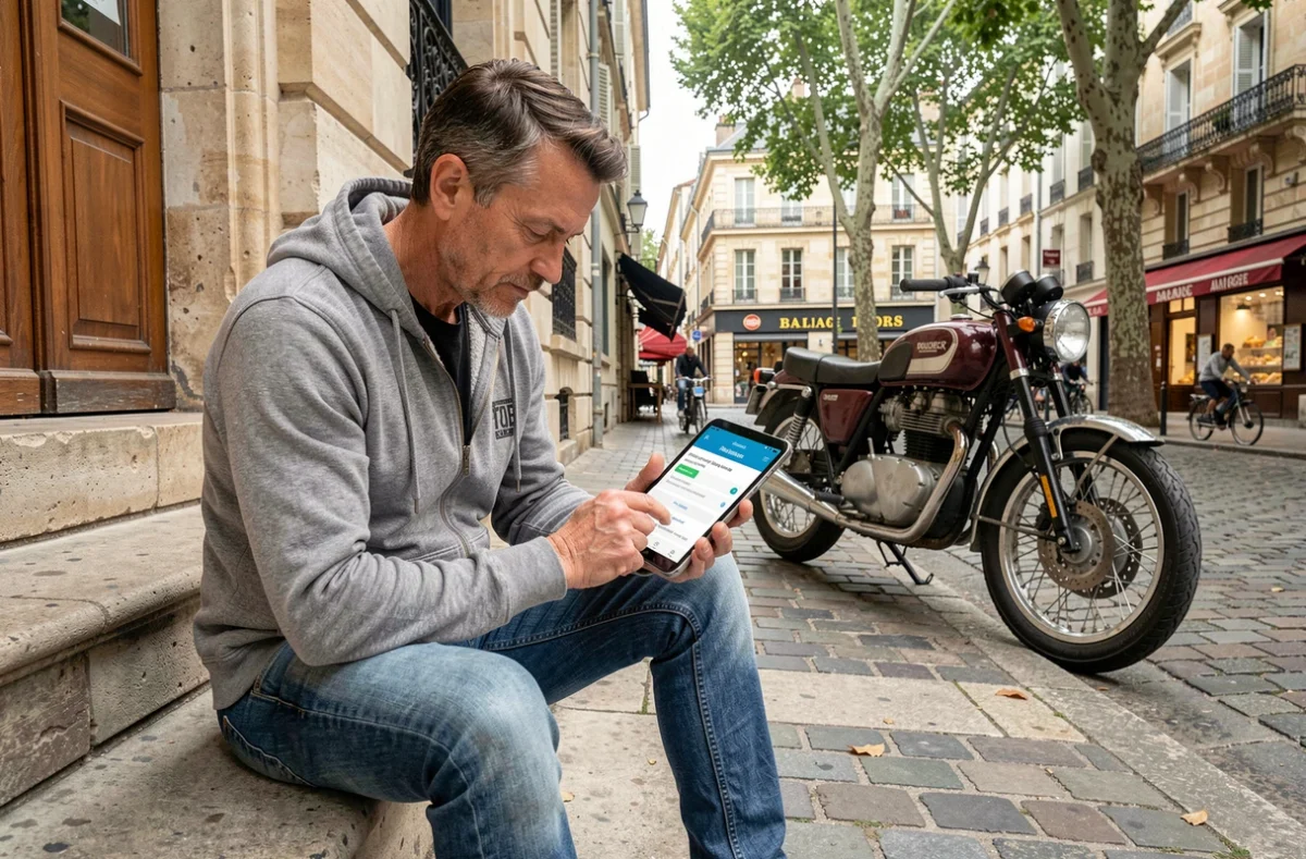 Homme consultant un comparateur d'assurance moto sur tablette devant un bâtiment historique de Tours