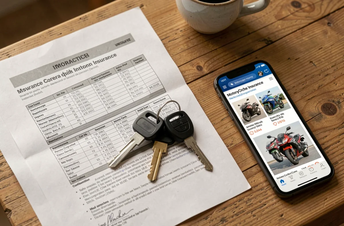 Documents d'assurance moto, smartphone avec comparateur et clés de moto sur une table à Tours