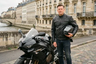 Motard debout à côté de sa moto à Tours, près des quais de la Loire, cherchant une assurance moto avantageuse