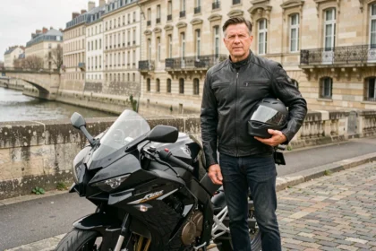 Motard debout à côté de sa moto à Tours, près des quais de la Loire, cherchant une assurance moto avantageuse