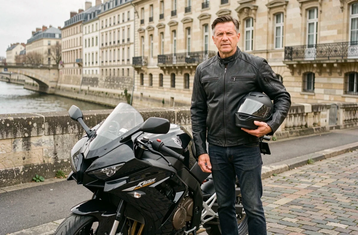 Motard debout à côté de sa moto à Tours, près des quais de la Loire, cherchant une assurance moto avantageuse