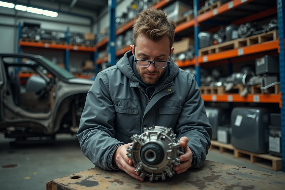 Mécanicien spécialisé démontant des pièces détachées d'occasion dans un atelier de recyclage automobile professionnel