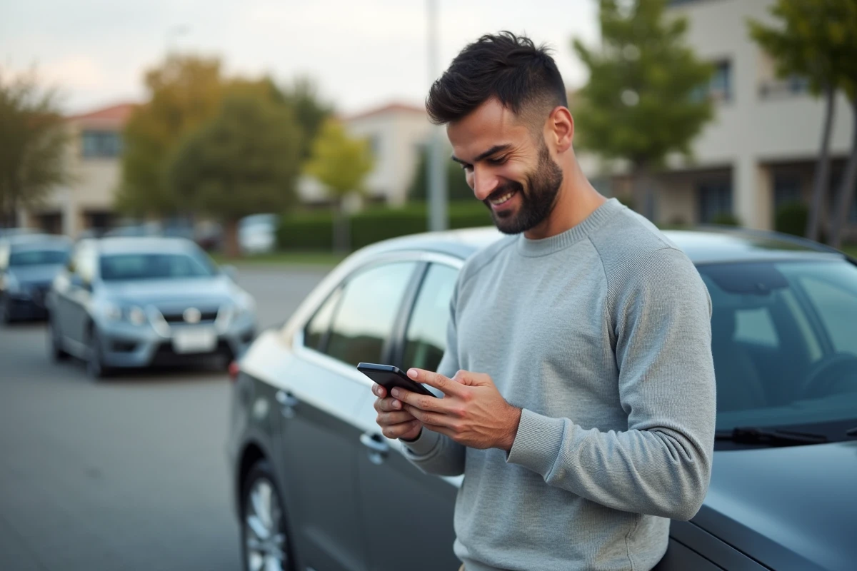 Automobiliste consultant le site autosmart360.fr sur son smartphone à côté d'une voiture moderne dans un parking suburban