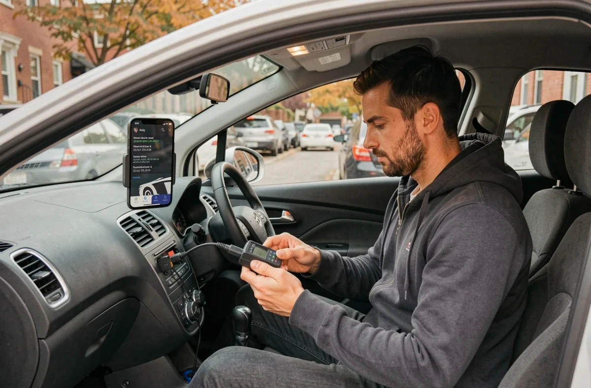 Automobiliste utilisant un dongle OBD Bluetooth et une application smartphone pour diagnostiquer un code de panne DTC dans sa voiture