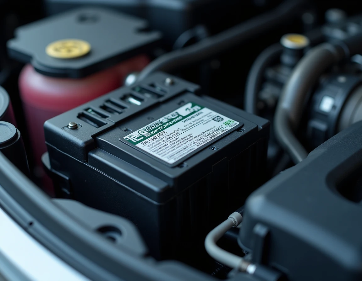 Gros plan sur les connecteurs et l'étiquette de la batterie hybride Toyota Corolla dans le compartiment moteur ouvert