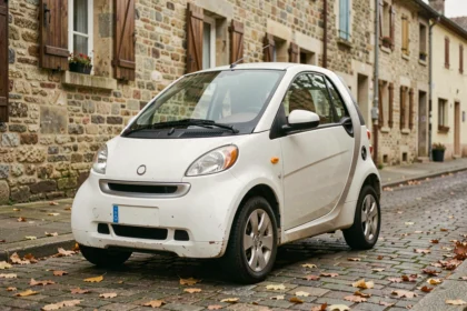 Bellier d'occasion sans permis garée dans une rue pavée d'un village français en automne