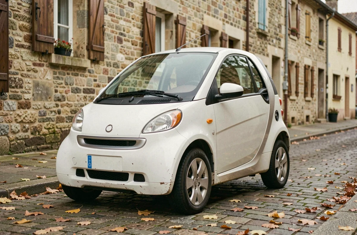 Bellier d'occasion sans permis garée dans une rue pavée d'un village français en automne