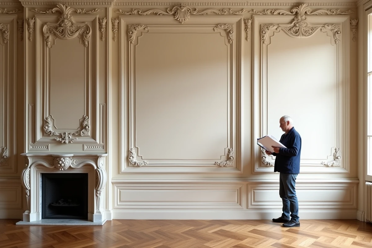 Boiserie sculptée en chêne restaurée dans un appartement haussmannien parisien avec parquet en chevrons