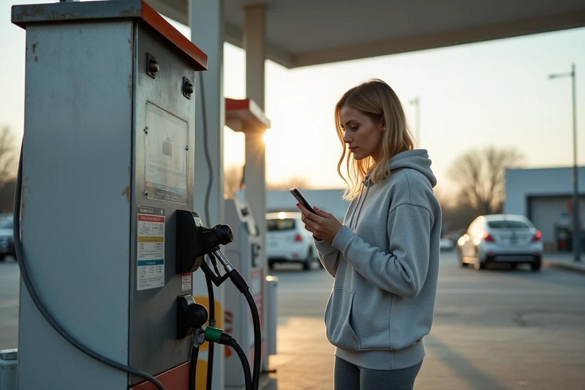 Femme utilisant une application de carte sur smartphone à une borne de gonflage de station-service