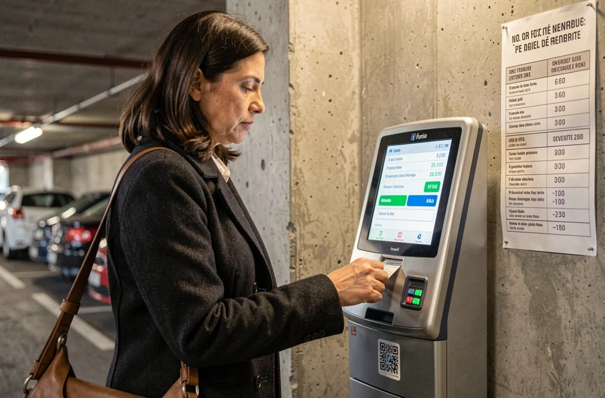 Femme utilisant une borne de paiement automatique dans un parking du centre-ville de Colmar avec affichage des tarifs