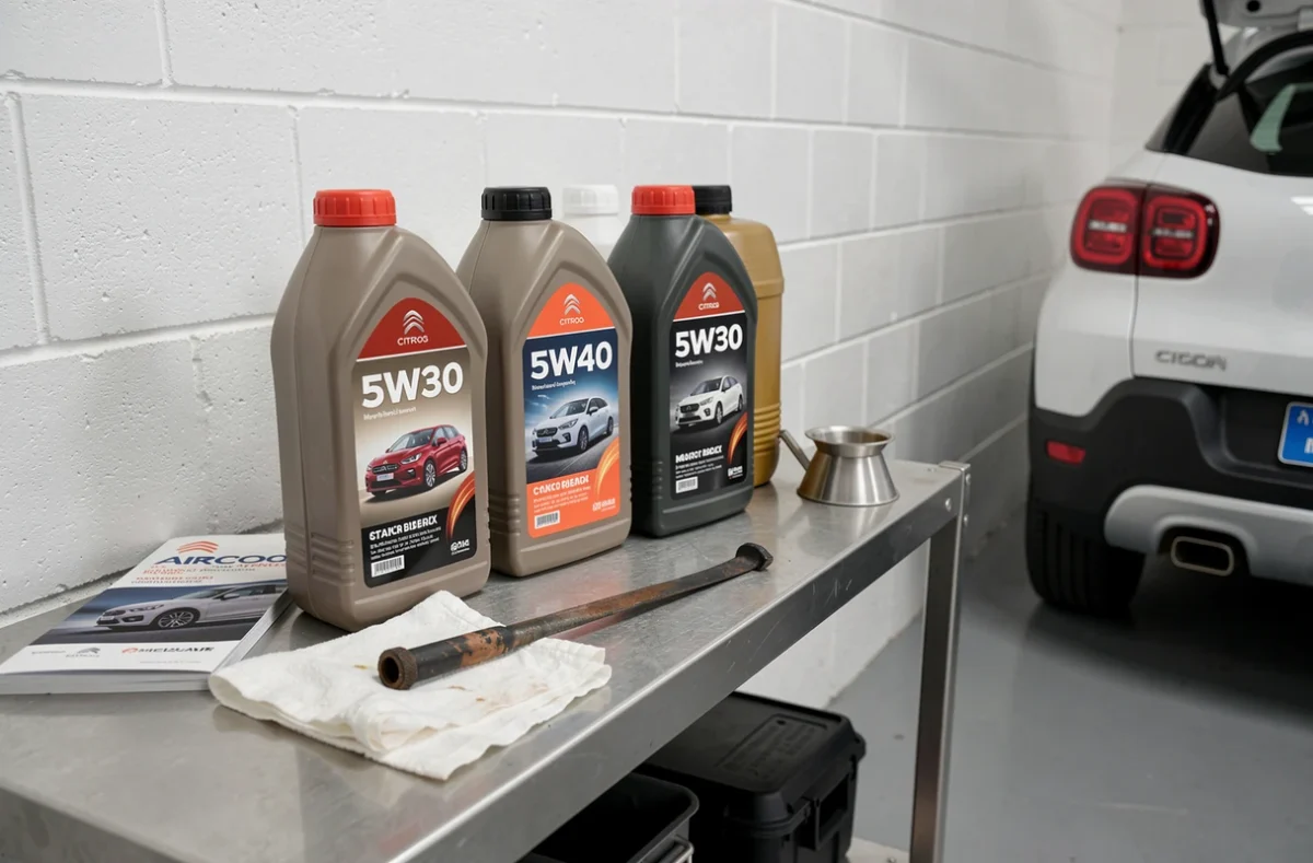 Flacons d'huile moteur 5W30 et 5W40 pour Citroën C3 Aircross posés sur une étagère de garage