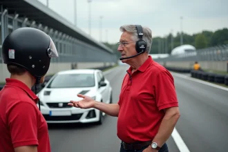 Instructeur de stage de pilotage faisant un briefing à un pilote débutant en combinaison devant une voiture de circuit