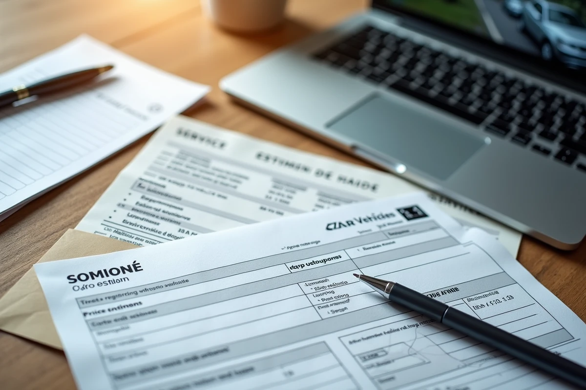 Vue de dessus d'un bureau avec une carte grise, un stylo et un devis de prix pour l'immatriculation d'un véhicule