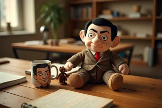 Idées cadeaux Mini Mister Bean : peluche, figurine et mug collector sur un bureau en bois