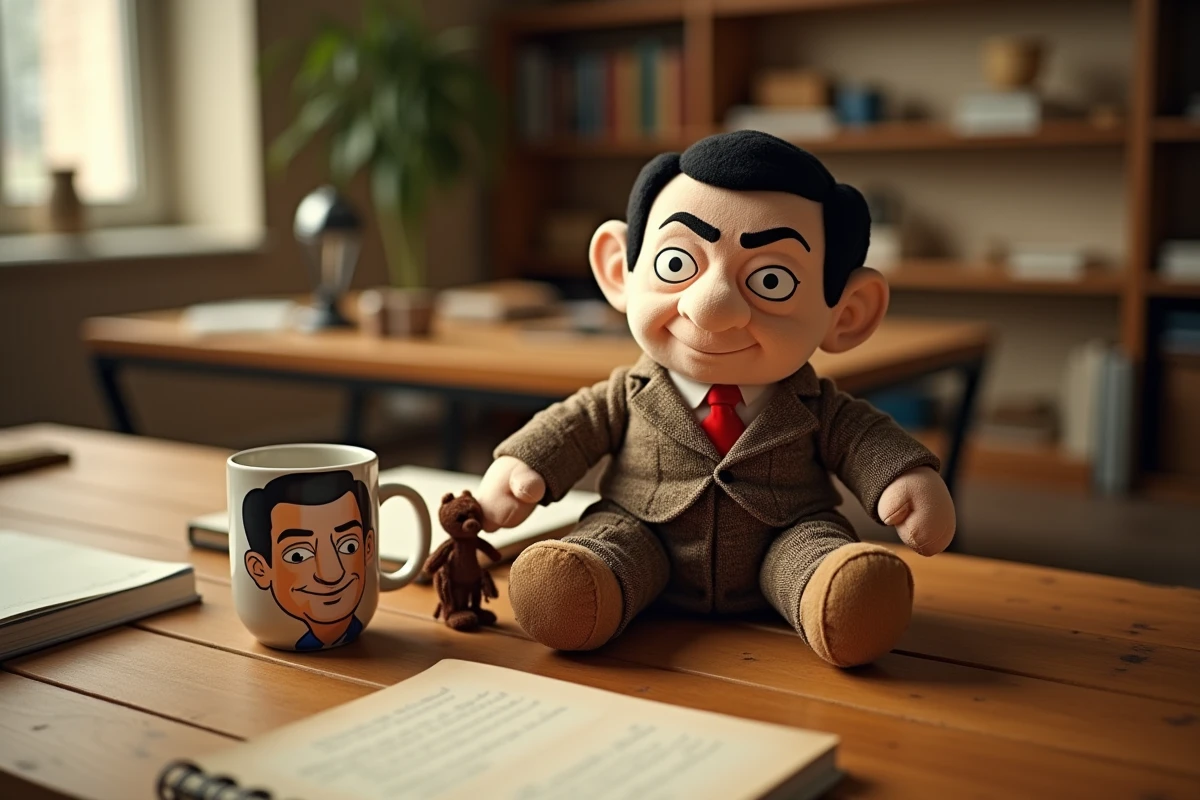 Idées cadeaux Mini Mister Bean : peluche, figurine et mug collector sur un bureau en bois
