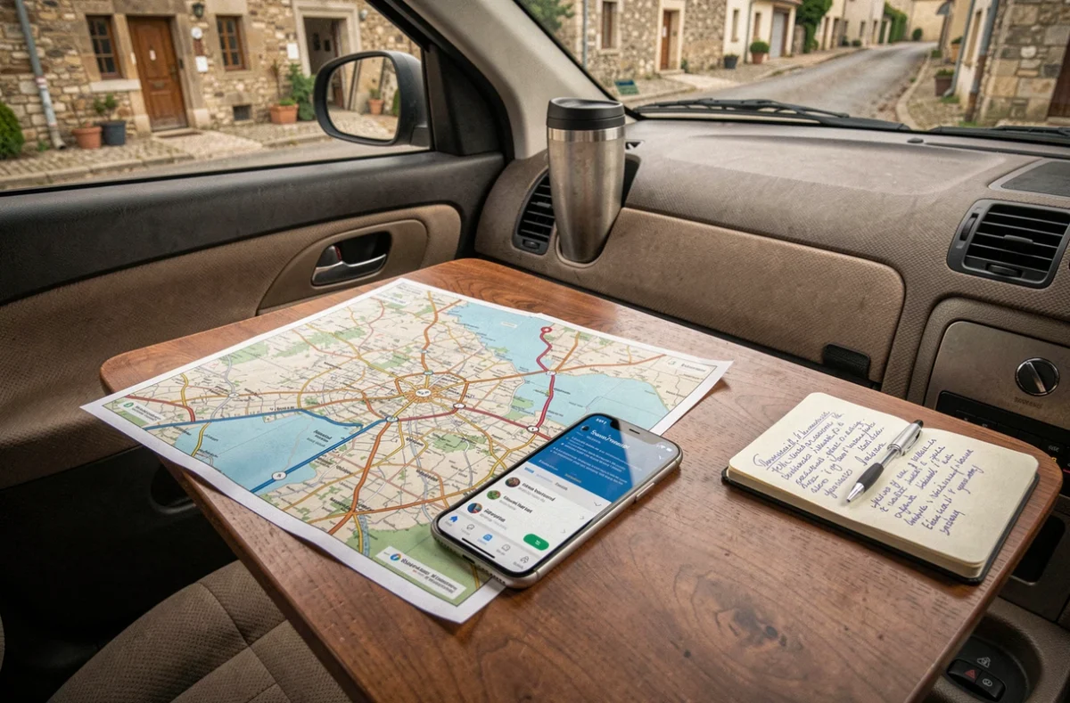 Carte routière et application GPS sur la tablette de bord d'une voiture pour planifier un itinéraire sans autoroute et réduire les dépenses de carburant