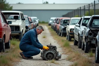 Casse auto agréée VHU dans l'Essonne avec rangées de véhicules hors d'usage et technicien spécialisé