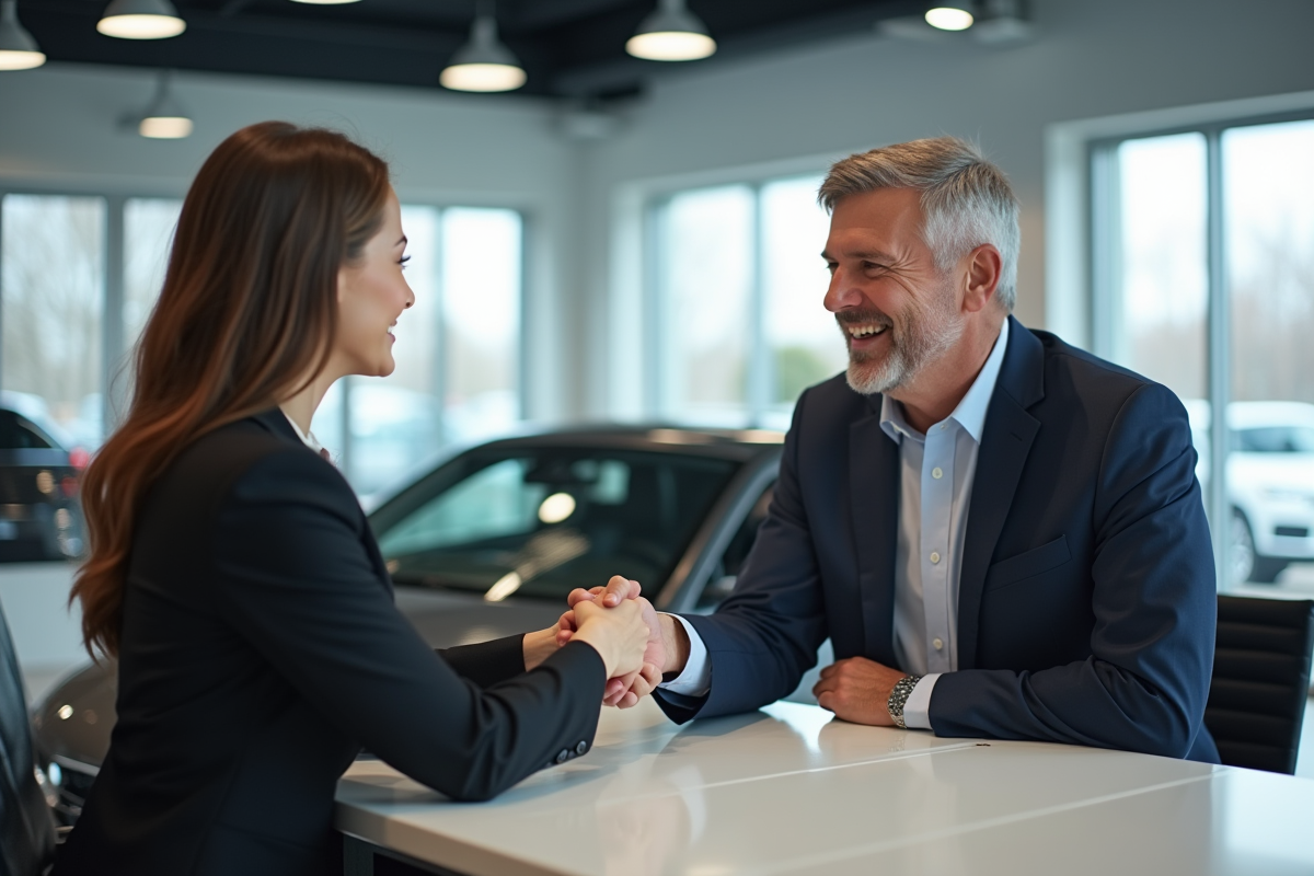Homme et femme souriants échangeant une poignée de main dans un showroom automobile