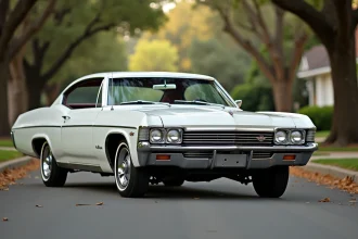 Chevrolet Impala 1967 4 portes blanche garée dans une rue résidentielle bordée d'arbres, vue trois-quarts avant