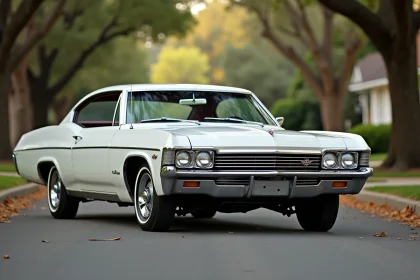 Chevrolet Impala 1967 4 portes blanche garée dans une rue résidentielle bordée d'arbres, vue trois-quarts avant
