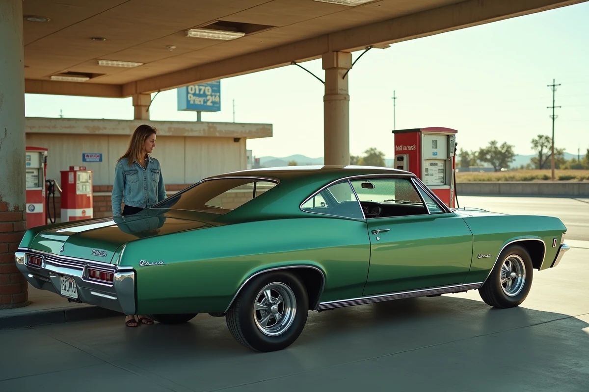 Chevrolet Impala 1967 4 portes verte métallisée dans une station-service, utilisée comme voiture de tous les jours