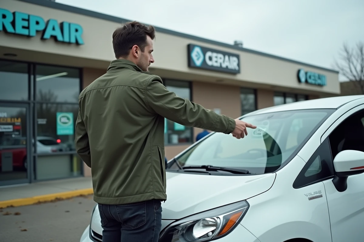 Client inspectant son pare-brise endommagé sur le parking d'un centre Carglass le samedi