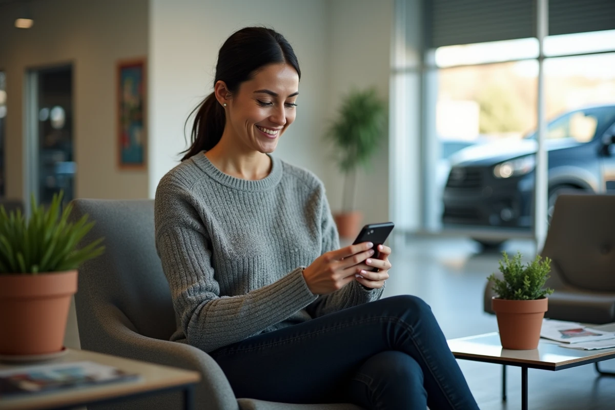 Cliente attendant dans la salle d'attente d'un centre Carglass le samedi avec son téléphone portable