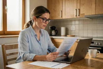 Femme comparant des offres d'assurance auto sur un ordinateur portable à une table de cuisine, documents imprimés et stylo en main